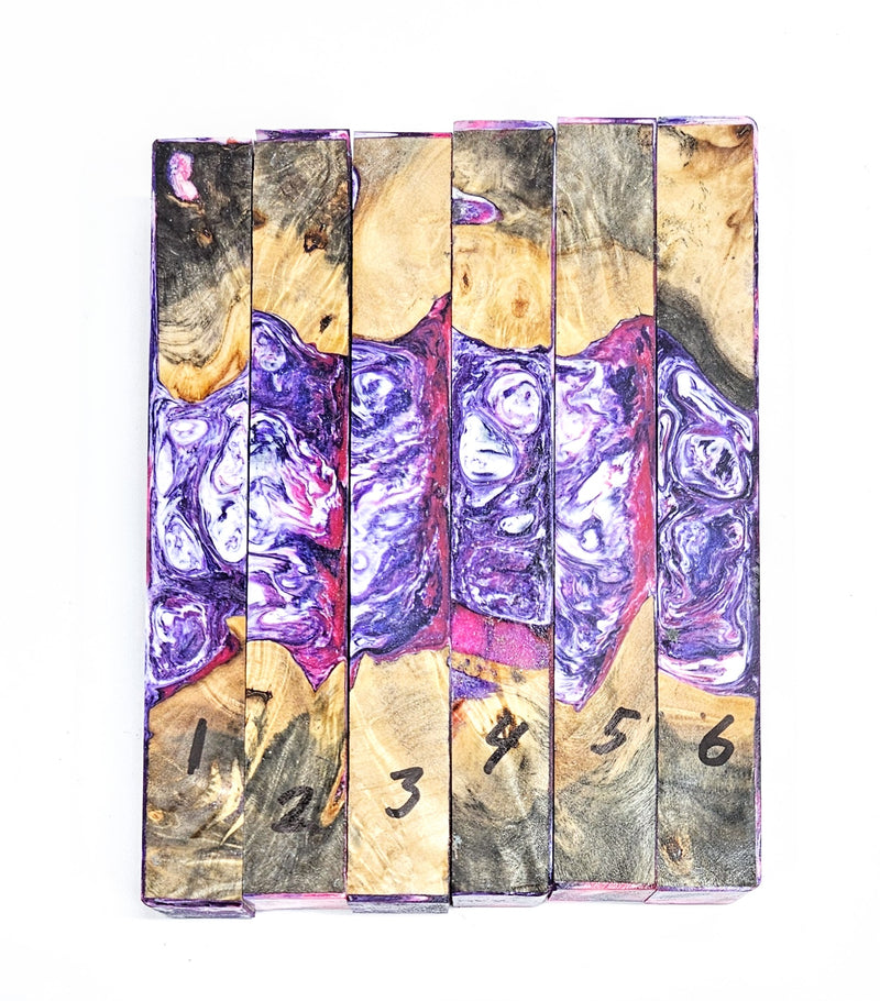 Purple/White/Pink and Buckeye Burl Hybrid DiamondCast® Blanks